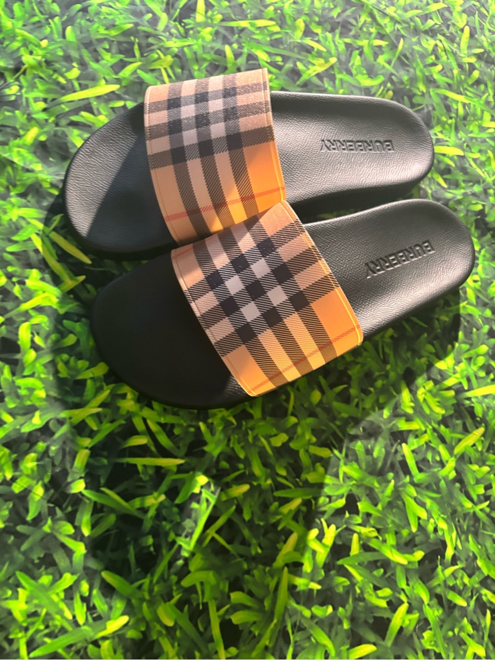 Burberry Black Slides with Beige Plaid Strap